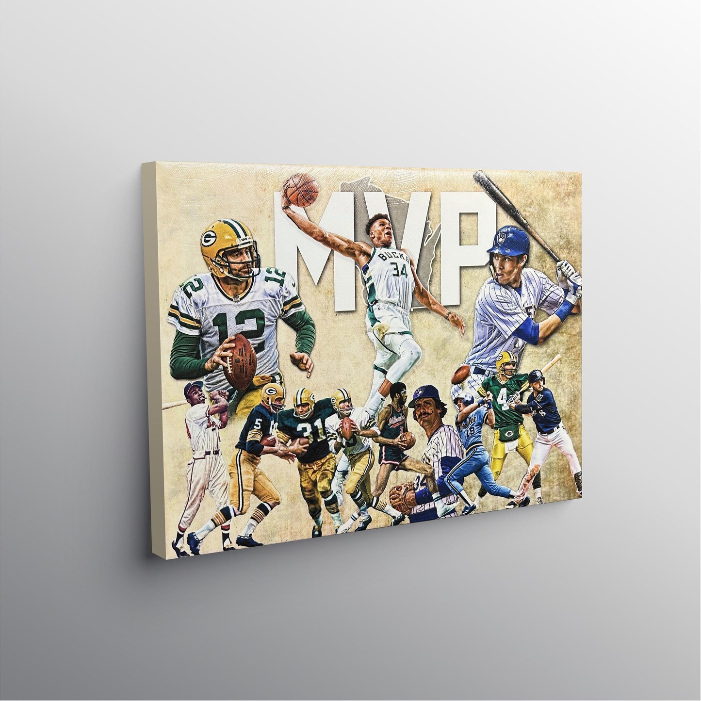 Wisconsin MVPs | Aaron Rodgers | Christian Yelich | Giannis Antetokounmpo | Sports Art | Canvas Art | Canvas | Man Cave | Office Wall Art