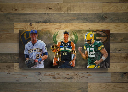 Wisconsin MVPs | Aaron Rodgers | Giannis Antetokounmpo | Christian Yelich | Sports Wall Art | Canvas